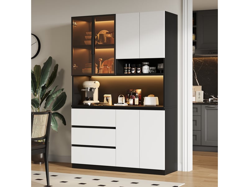  Buffet haut led 120,5 x 40 x 180 cm meuble de rangement cuisine avec 6 portes, 3 tiroirs et espace micro-ondes, blanc et noir Radiant Stride - Conforama D