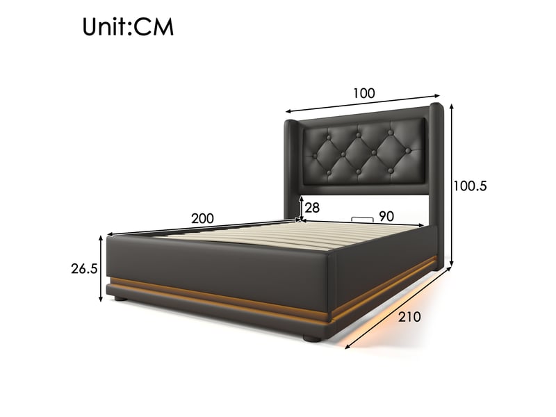  Lit simple coffre hydraulique 90 x 200 cm noir en pu avec led, usb et type-c  - Conforama E