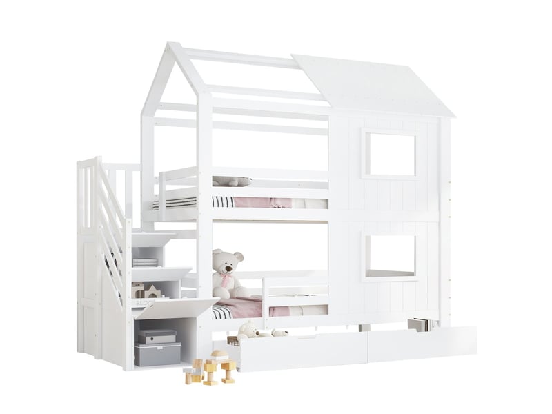  Lit superposé 90x200cm - avec escalier et tiroir de rangement - lit superposé enfant - toit et fenêtre, pin massif, blanc  - Conforama E