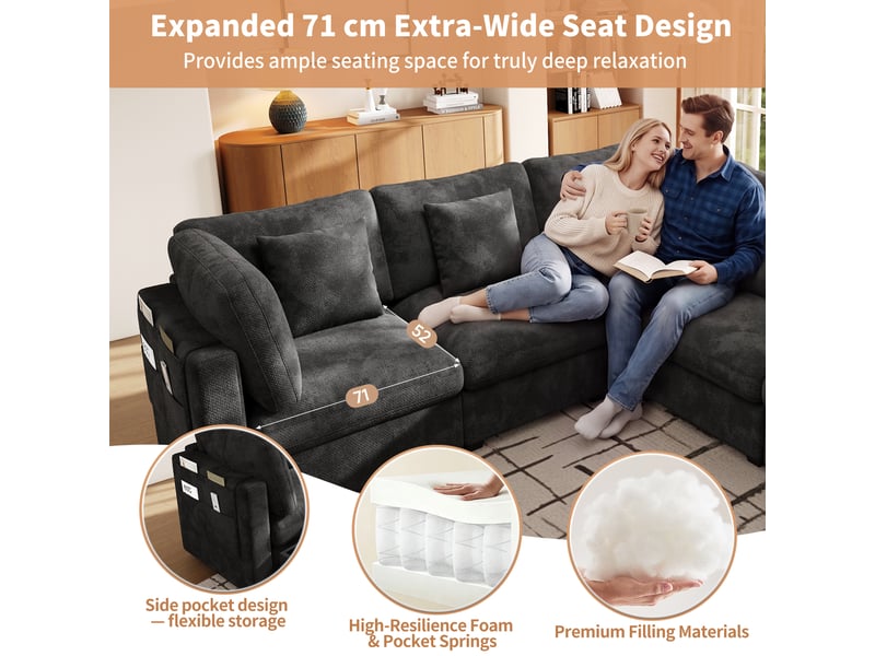  Canapé d’angle modulable avec rangement xl 6 places 292 x 147 x 81 cm grand canapé en l avec méridienne et pouf chenille gris  - Conforama D