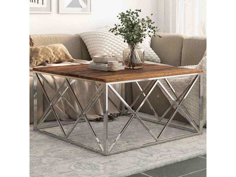  Table basse - table de salon - table à thé argenté inox et bois de mélèze massif  - Conforama B