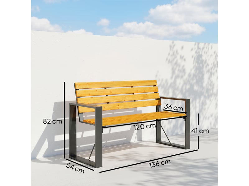  Banc de jardin 2 places avec dossier et assise en bois à lattes, structure en acier, 136 x 54 x 82 cm, naturel  - Conforama E