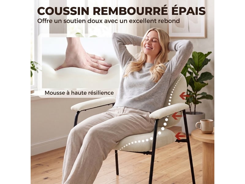 Lot de 2 fauteuils salon, accoudoirs rembourrés, fauteuils d'appoint en chenille avec dossier profilé, crème - Conforama D