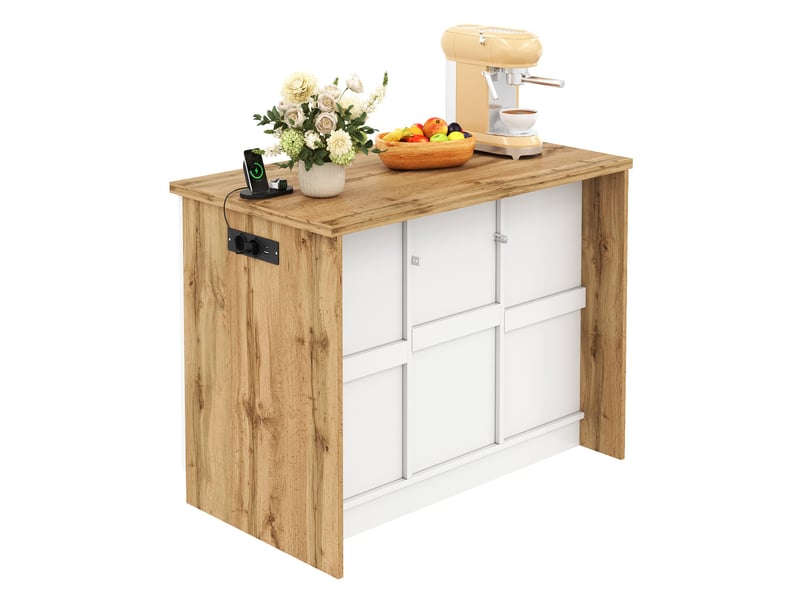  Desserte de cuisine avec 4 tiroirs, étagères réglables et prises intégrées, pour cuisine, 120×60×90 cm, blanc naturel  - Conforama A