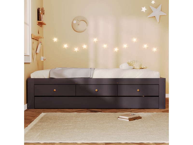 Lit double 90x200 cm - avec lit gigogne 90x190 cm et 3 tiroirs - sommier à lattes - mdf+pin - marron (sans matelas) - Conforama D