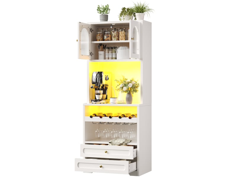 Buffet haut vitré avec étagères réglables, led et porte-bouteilles, pour cuisine, en mdf blanc, 140 × 40 × 180 cm - Conforama A