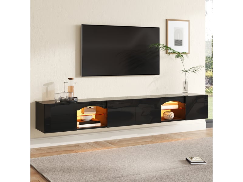  Meuble tv suspendu led 200 cm noir brillant avec 4 portes et niches vitrées IKSETERA TRADING LTD - Conforama B