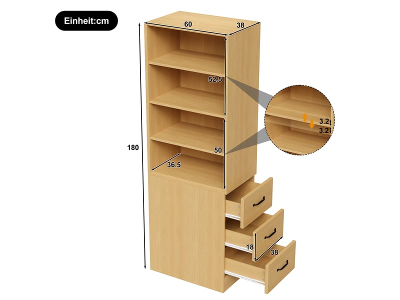  Bibliothèque étroite 180 cm, meuble de rangement avec tiroirs latéraux et étagères réglables, idéal pour petits espaces  - Conforama C