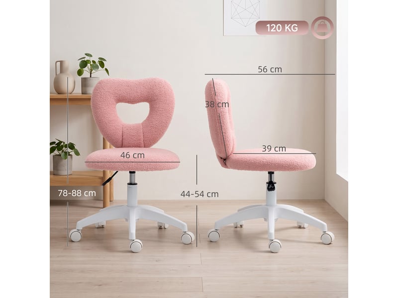  Chaise de bureau rembourrée avec dossier en forme de cœur et roulettes, en velours peluche et plastique, 45 x 56 x 78-88 cm, rose  - Conforama E