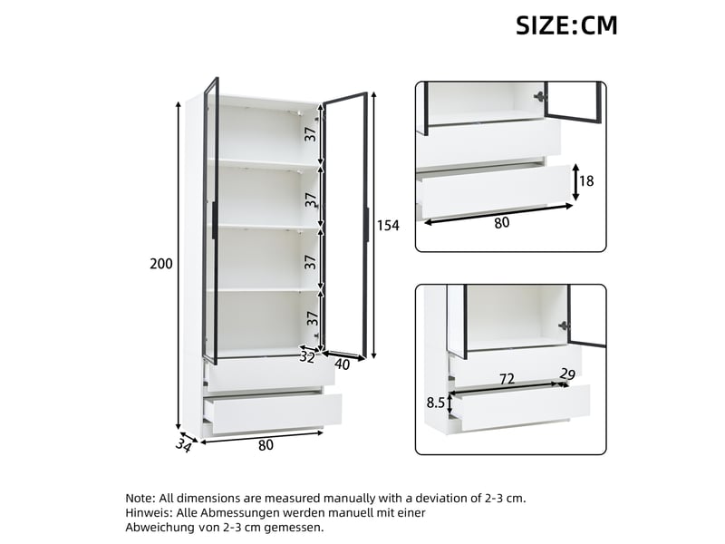  Vitrine haute 80x34x200 cm à led, 2 portes vitrées et 2 tiroirs, blanc  - Conforama C