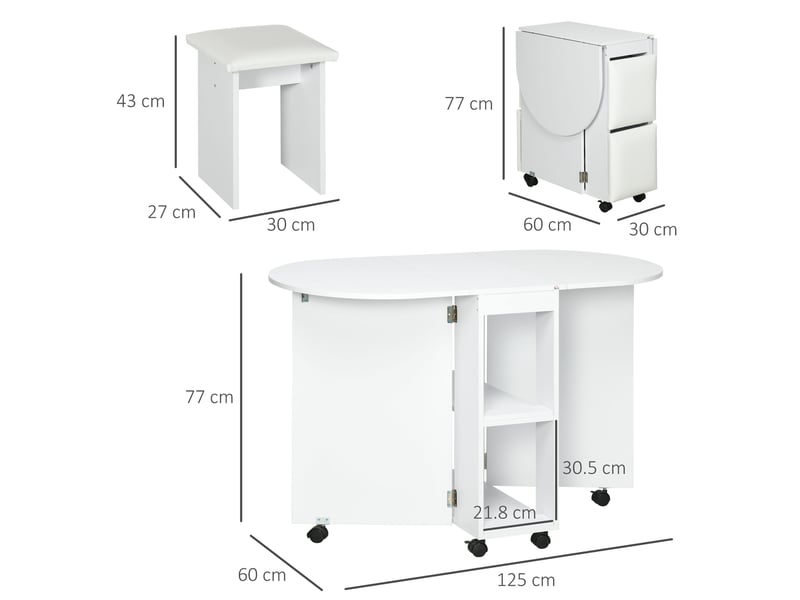  Ensemble de cuisine 5 pièces, table pliante avec 2 étagères et 4 tabourets en aggloméré, blanc  - Conforama E