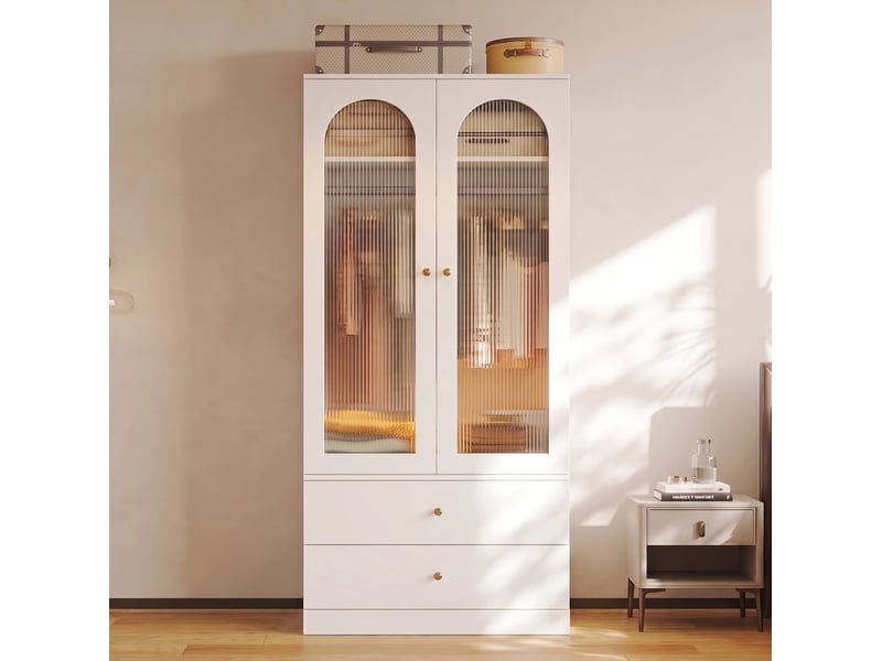  Armoire à portes battantes 89,5 x 50,5 x 200 cm, porte armoire, avec 2 tiroirs, 2 portes vitrées et barre de penderie, mdf, blanc  - Conforama D