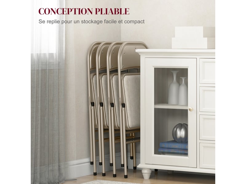  Lot de 4 chaises pliantes chaises de salle à manger portables cadre en acier beige dim. 45l x 46p x 78h cm  - Conforama R