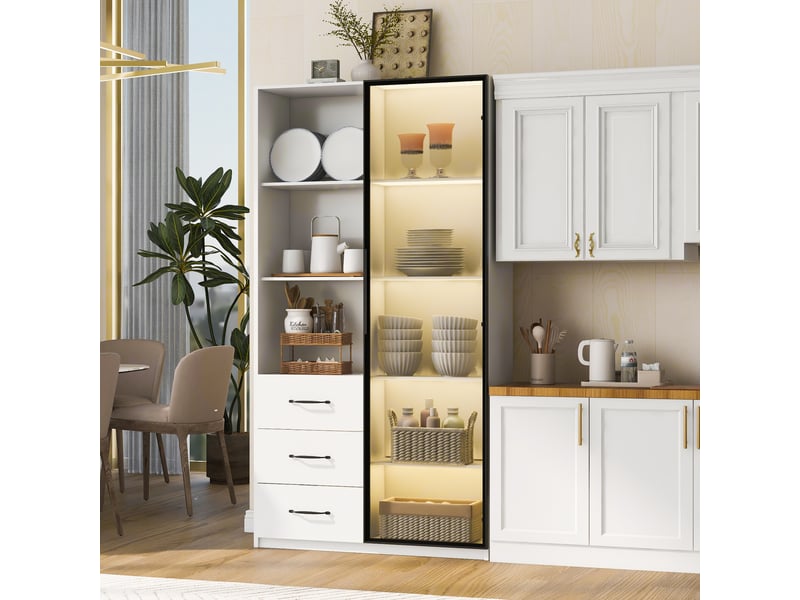  Vitrine led blanche 80x40x160 cm, bibliothèque avec porte en verre trempé, 3 tiroirs et étagères, cadre aluminium pour salon.  - Conforama D