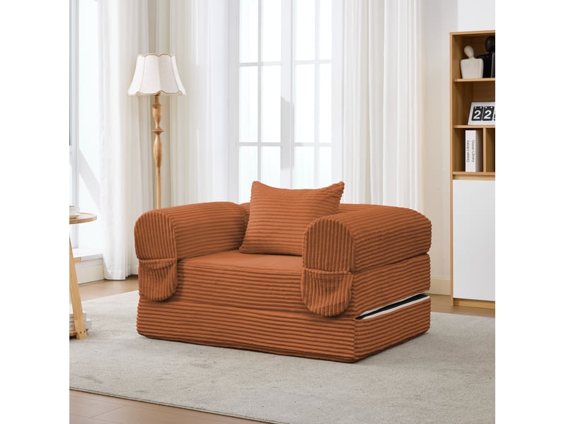  Canapé-lit convertible 120x85x65 cm 2-en-1 en velours côtelé orange, sans matelas  - Conforama C