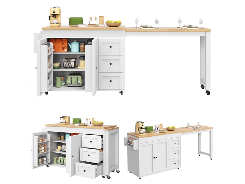  Îlot de cuisine extensible 116 à 179,5 x 45 x 89 cm avec plateau coulissant, 3 tiroirs, rangements latéraux et roulettes, blanc  - Conforama A