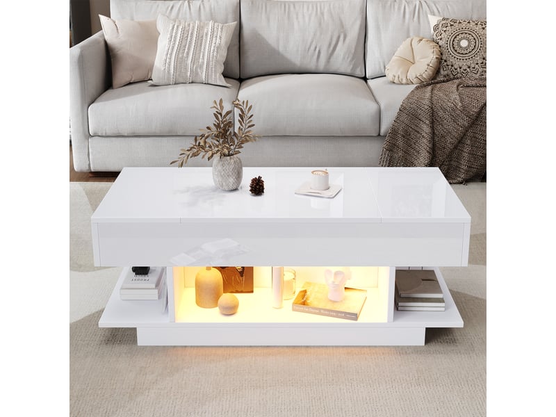  Table basse relevable blanche avec led, table de salon avec rangement caché et ouvert, hauteur réglable, 98x45x40cm  - Conforama R