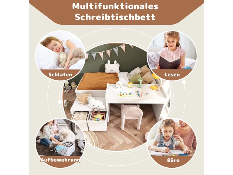  Lit enfant avec bureau et tiroirs de rangement, lit simple 90x200 en bois massif blanc, avec sommier  - Conforama D