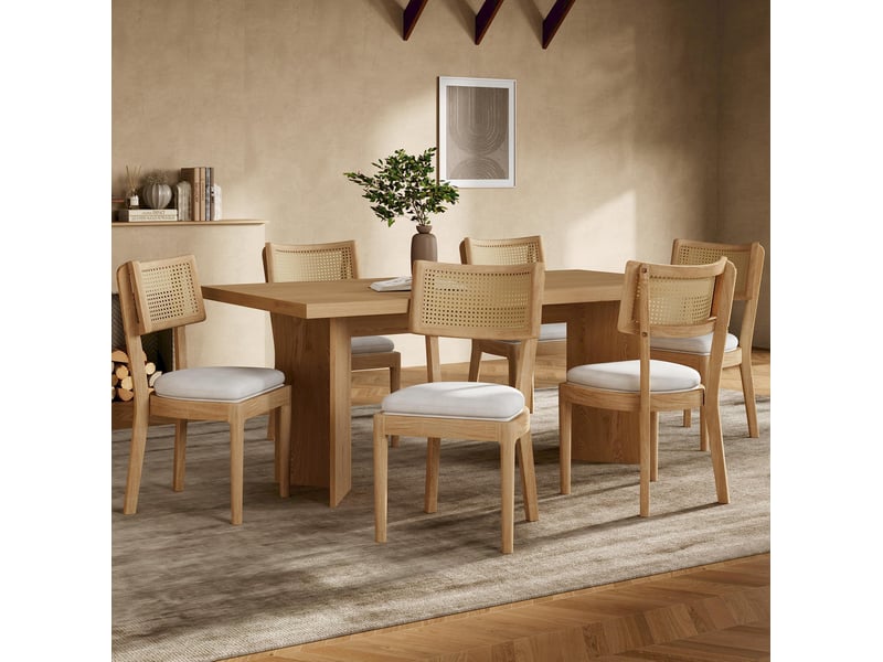  Lot de 6 chaises repas 58x50x88 cm avec dossier rotin assise lin mousse densité élevée bois moderne bois naturel  - Conforama B