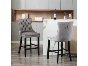 Tabourets de bar de2002gy gris lot de 2 en velours capitonné avec pieds bois et clous chrome
