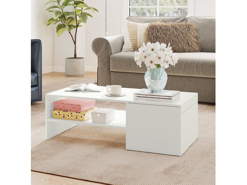  Table basse avec plateau coulissant, rangement caché et niche ouverte, finition mélaminée blanche pour le salon  - Conforama D