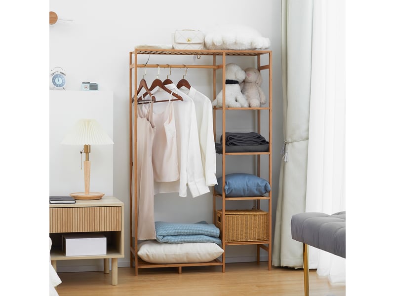  Portant à vêtements, penderie avec tringle, étagère à chaussures, armoire en bambou et bois naturel  - Conforama D