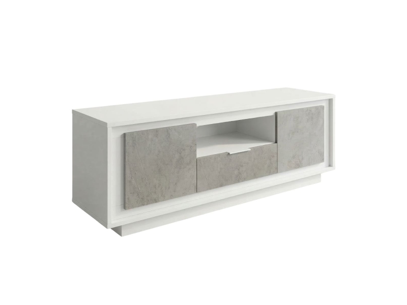  Meuble tv 2 portes 1 tiroirs 1 niche blanc laqué façades aspect ciment piètement socle - azonto AZONTO - Conforama A