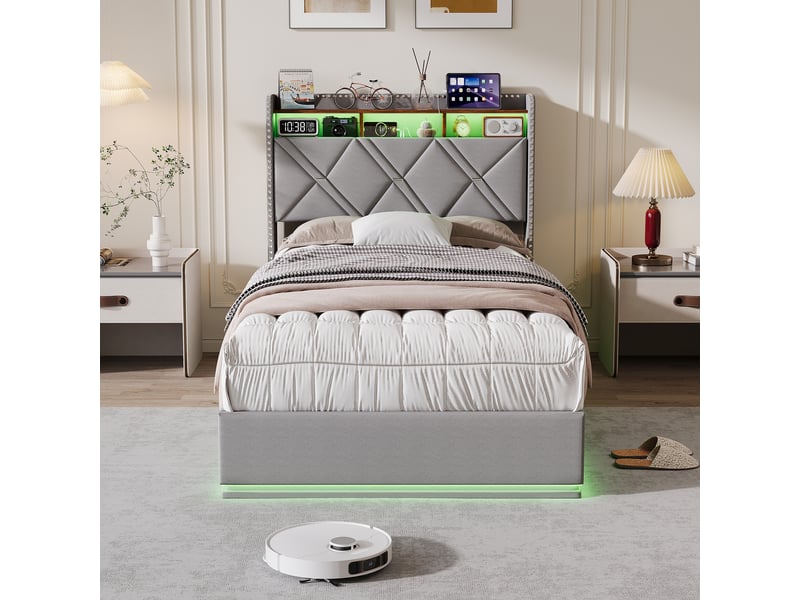  Lit coffre hydraulique 90 x 200 cm-gris foncé - lit simple rembourré en lin avec tête de lit de rangement, led et têtes de clous  - Conforama C