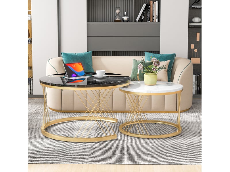 Tables basses gigognes ulevr rondes 2 pièces ø7045 cm, mdf décor marbre brillant, métal doré, noir et blanc  - Conforama E