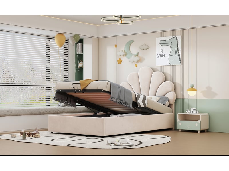  Lit enfant 90x200 cm beige velours avec tête de lit fleurie sommier à lattes coffre hydraulique Sol Morn - Conforama E