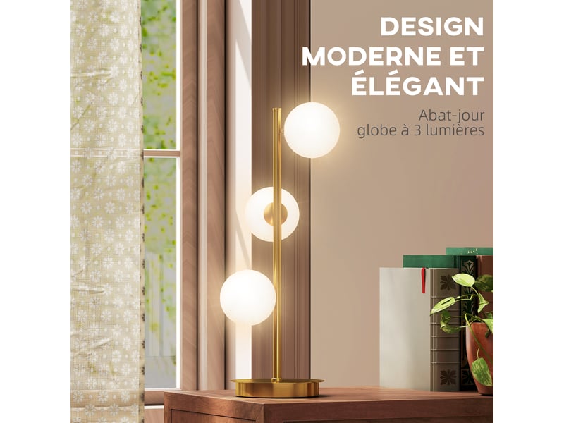  Lampe de chevet moderne à 3 globes crème, finition laiton, 3 douilles g9 25 w, hauteur 53 cm pour chambre et salon  - Conforama D