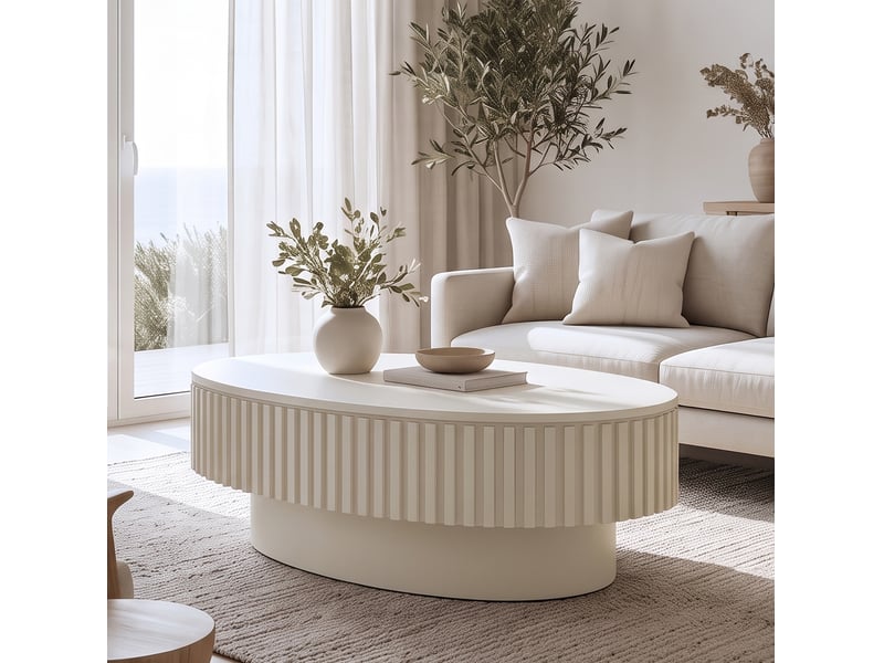  Table basse ovale crème avec rangement caché, mdf plaqué bois, design cannelé moderne 98 x 60 cm pour salon  - Conforama E