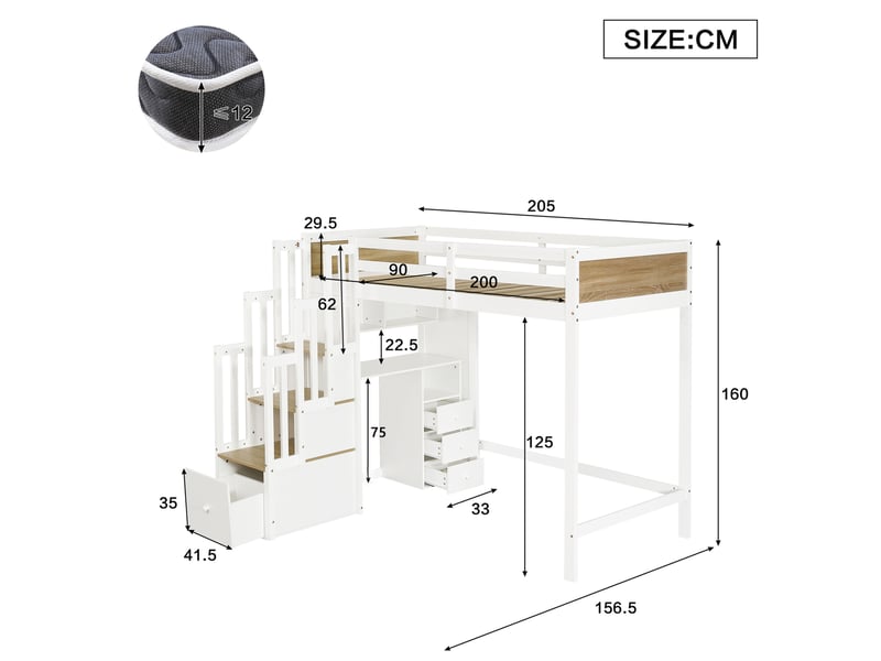  Lit mezzanine enfant 90 × 200 cm 1 place avec bureau, tiroirs et étagères, sans matelas, bois blanc et naturel  - Conforama D