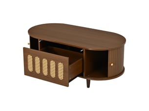 Table basse couleur noyer, table de salon avec tiroir et portes, 100x50x40 cm, design rotin