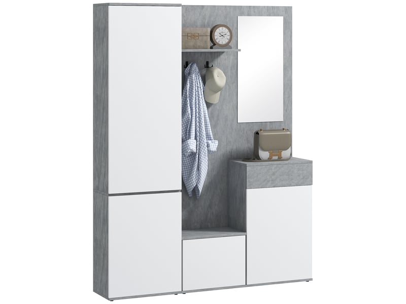  Meuble d'entrée 4 en 1 avec miroir, crochets et étagères intérieures, en bois, 145 x 29 x 184 cm, gris et blanc  - Conforama A