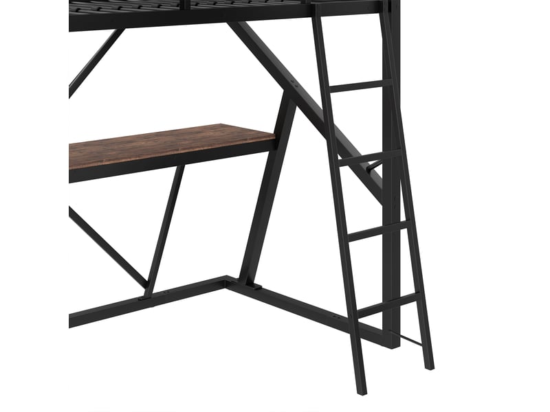  Lit mezzanine enfant 90x200 cm, led, bureau, garde-corps, sommier, métal noir, sans matelas  - Conforama E