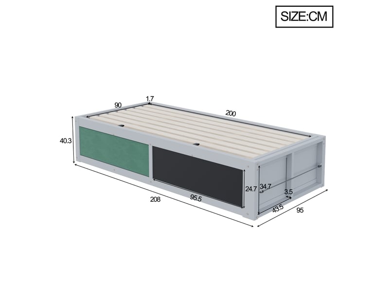  Lit simple 90×200 cm gris, coffre hydraulique, tableau créatif et étagère réversible  - Conforama B