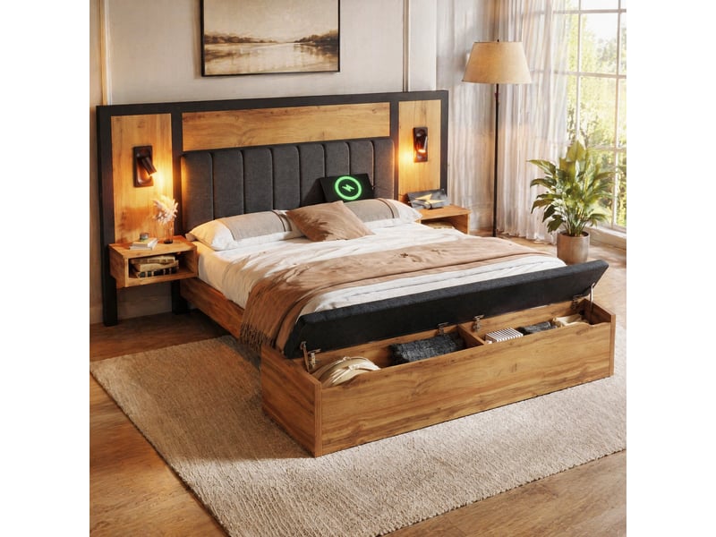  Lit double capitonné 160 x 200 cm chêne avec liseuses, chevets, charge usbtype-c et banc de rangement  - Conforama B