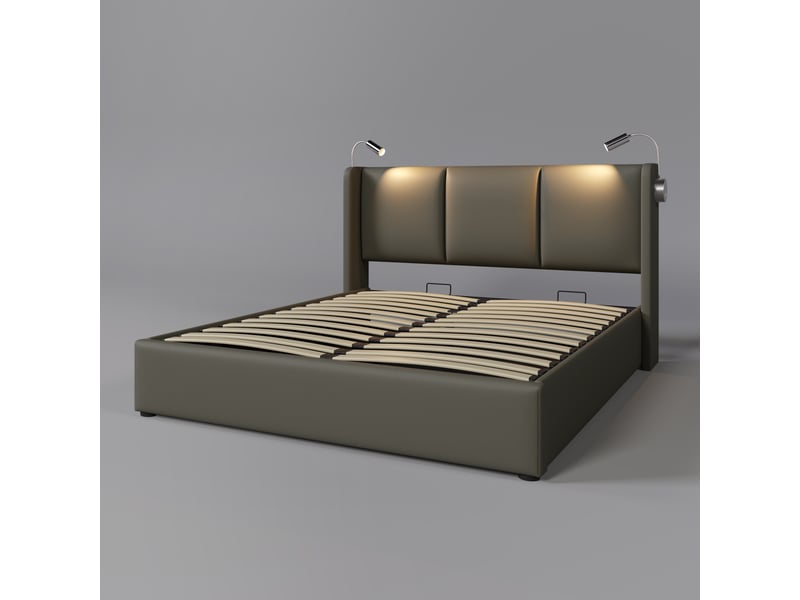  Lit coffre 140x200cm, lit adulte, lampe de lecture, rangement caché, tête de lit, bois, pu, métal , gris, sans matelas  - Conforama D