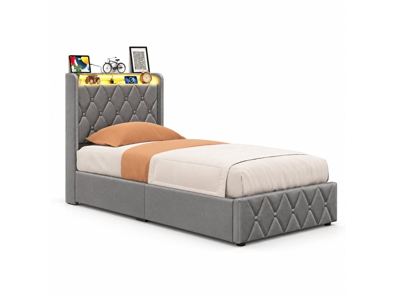  Lit coffre 90x200 cm avec led et usb, lit simple capitonné avec rangement hydraulique, lit 1 place avec sommier à lattes, lit adulte avec tête de lit rembourrée, velours gris  - Conforama A