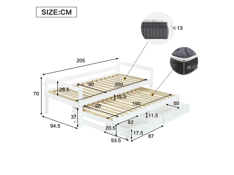  Lit gigogne 200x90 cm avec 2 tiroirs en pin et mdf blanc  - Conforama E