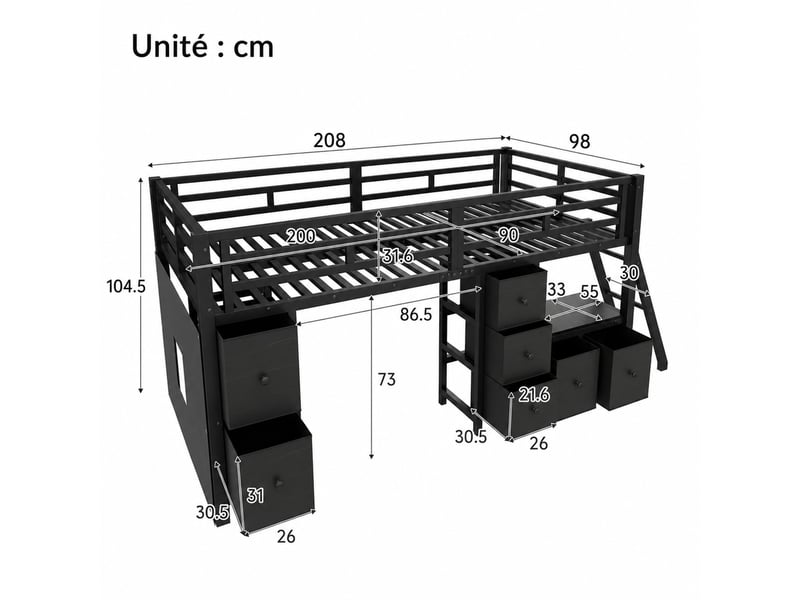  Lit mezzanine 90x200 cm en métal et mdf, lit simple avec 7 tiroirs, barrières et led, matelas non précisé, noir  - Conforama D