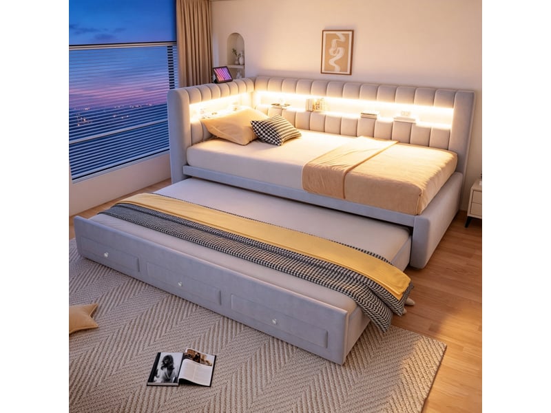  Canapé-lit 90 x 190 cm – avec lit gigogne – avec 3 tiroirs – avec éclairage led – avec port de charge usb – gris clair (matelas non inclus)  - Conforama B
