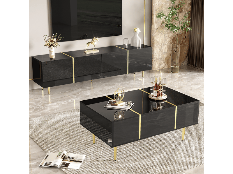  Pack meuble tv 180 cm et table basse noir brillant - style contemporain chic  - Conforama E
