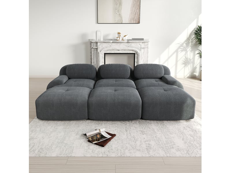  Canapé modulaire 3 places modenvie avec 3 poufs velours côtelé gris 298 x 178 cm  - Conforama D