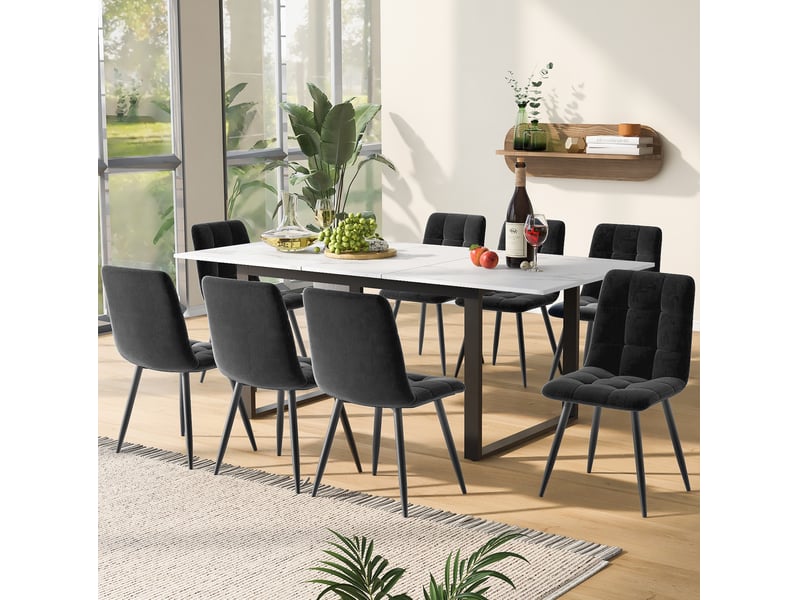  Ensemble table 140180x80x75 cm avec 8 chaises velours gris  - Conforama E