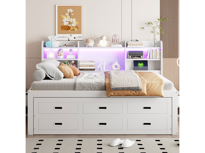  Lit banquette blanc 140x200 cm avec lit gigogne - led, 3 tiroirs et ports usbtype-c  - Conforama B