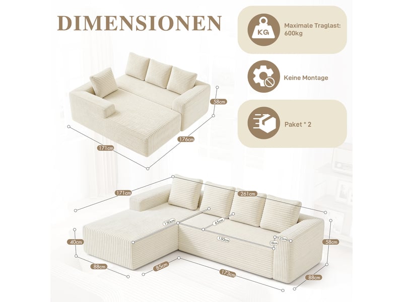  Canapé modulable 4 places en l, canapé nuage sans montage, assise profonde, méridienne réversible, velours côtelé beige, 261 x 168 x 58 cm  - Conforama D