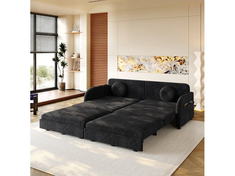  Canapé-lit 2 places 206x84x90 cm 3-en-1 avec poche latérale, pour salon, en métal, bois, mousse et tissu chenille, noir  - Conforama B