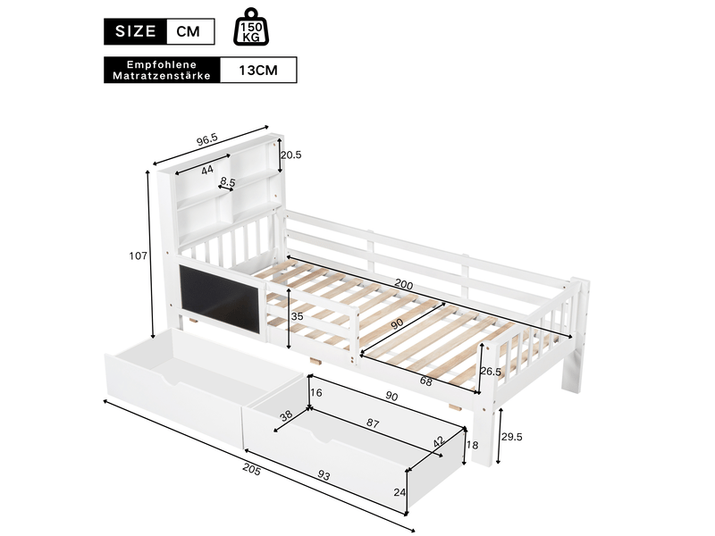  Modenvie lit enfant 90x200 cm - avec tiroirs de rangement et petite ardoise, sans matelas - blanc  - Conforama C